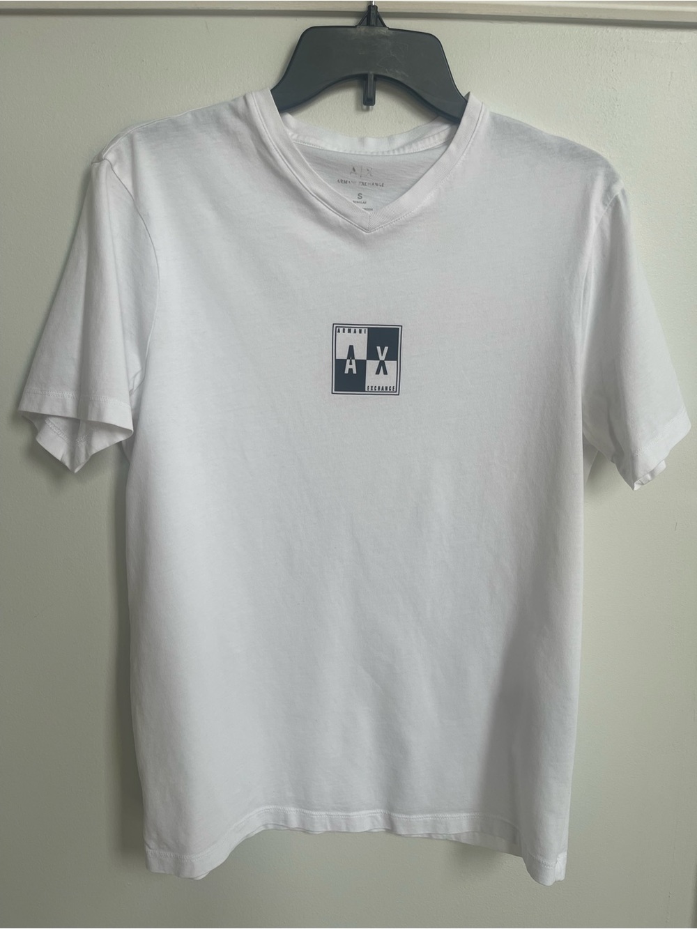 A/X Armani Exchange White V-Neck Logo Tee with Navy Patch